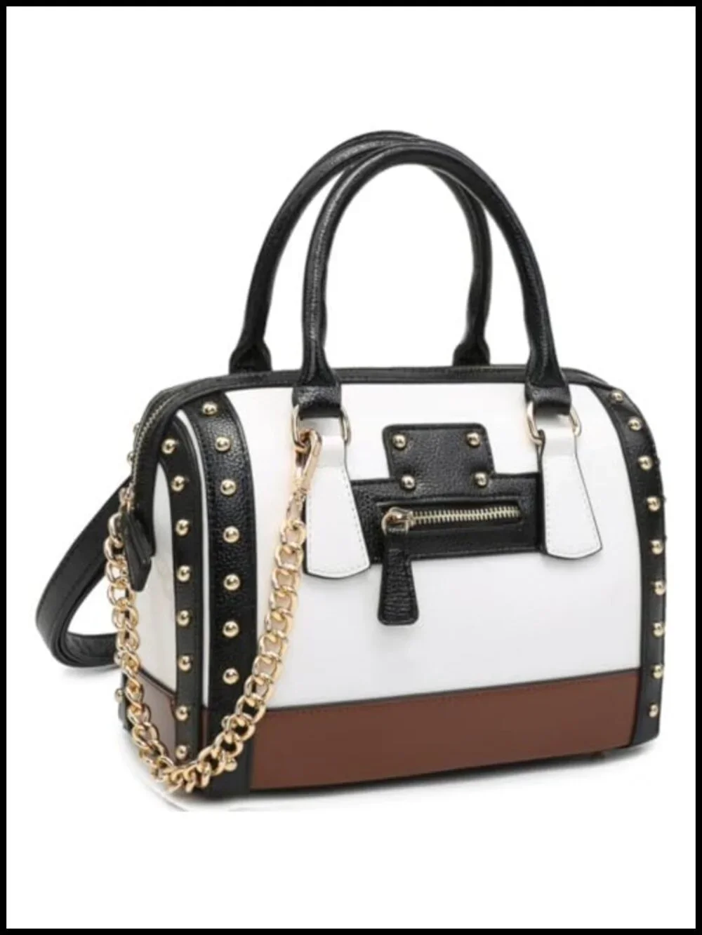 Faux Leather Barrel Satchel Handbag with Rivets, Top Handle Shoulder Purse